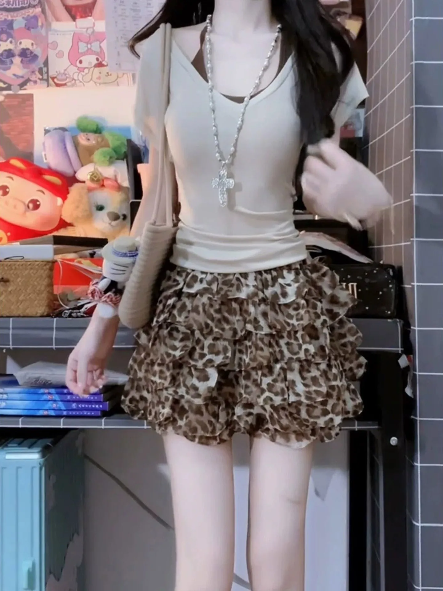 Ballet Style Leopard Print Half Skirt Women's Summer Lightweight Fluffy Cake Skirt High Waist A-Line  Skirt for Young Ladies