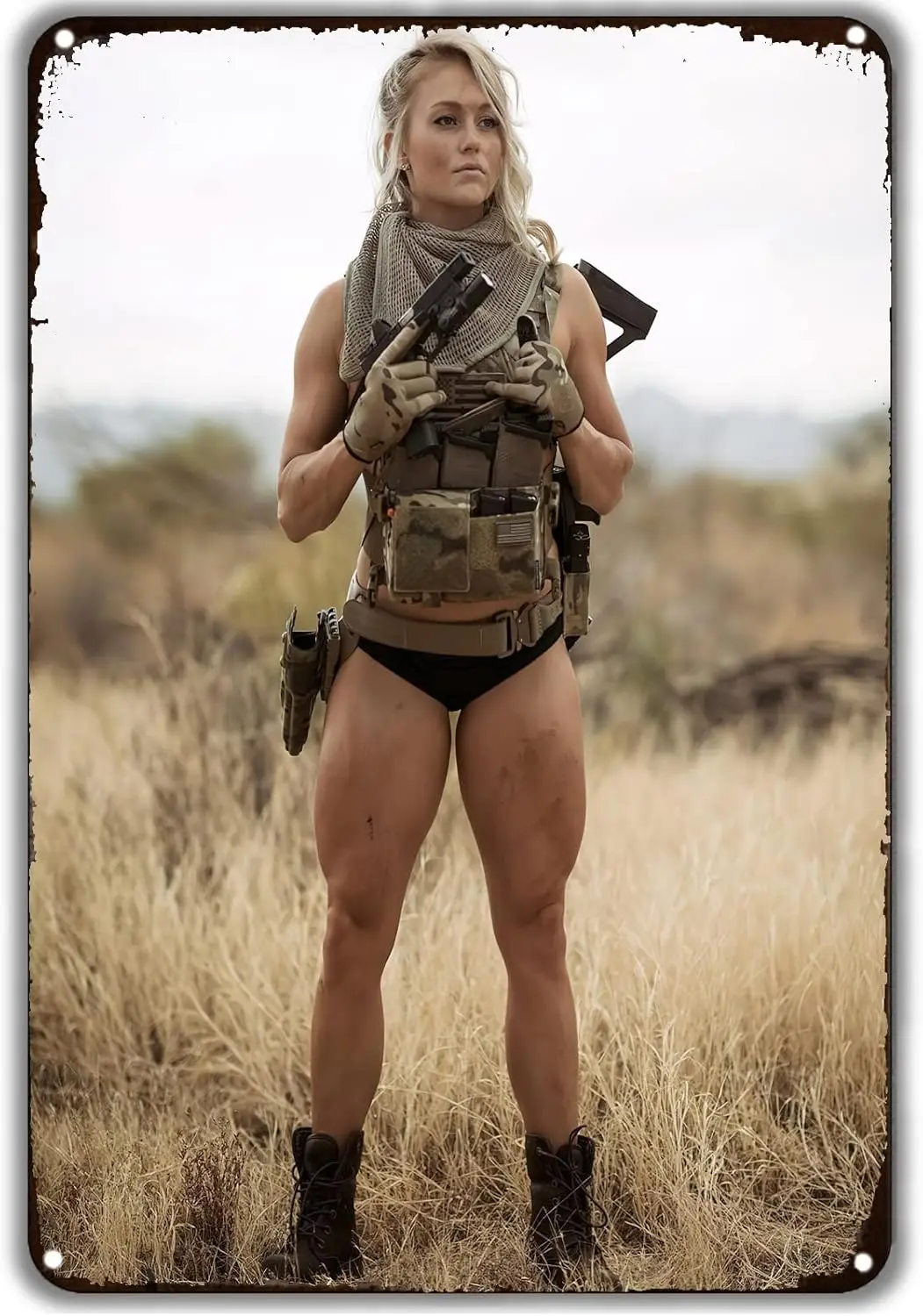 1p,Army Pin up Girl Metal Tin Sign Vintage Military Sexy Women with Guns Poster Girl Decoration Funny Man Cave Art for Home Gard