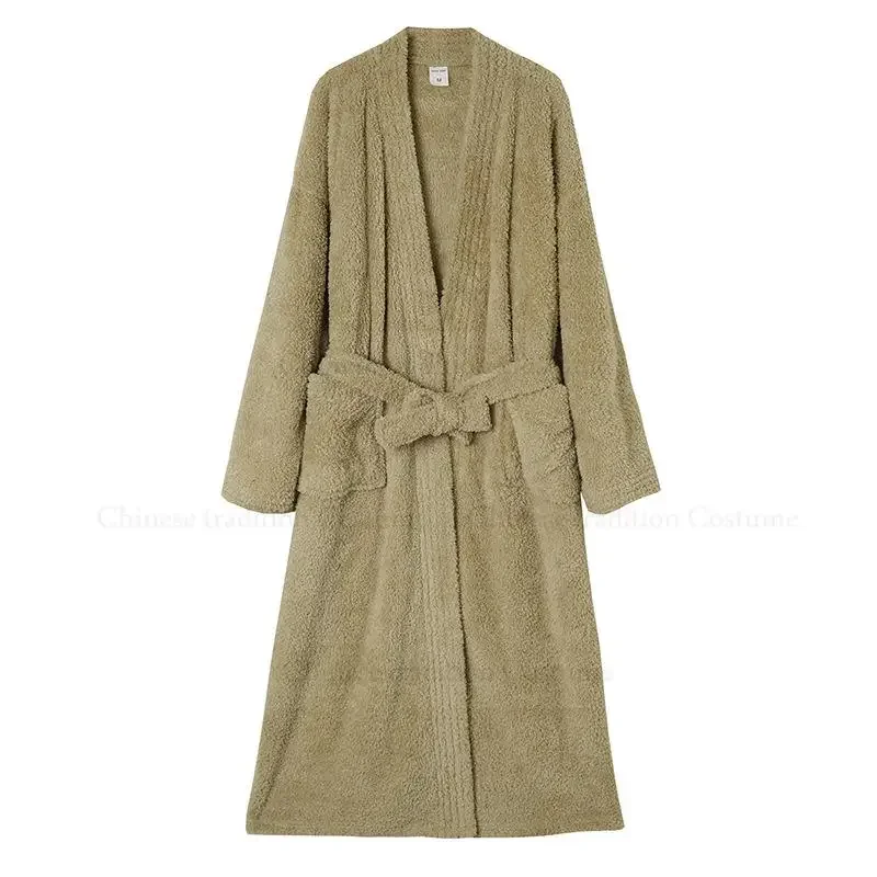 Couple Peignoir Gown with Pocket Thicken Warm Fleece Shower Robes Long Kimono Bathrobe for Men Loose Sleepwear Soft Loungewear