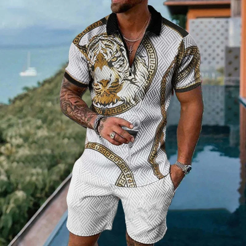 

A two-piece Summer Outdoor Zippered Polo Shirt And Shorts For Luxurious Style men, A loose, Casual And Breathable men's Suit