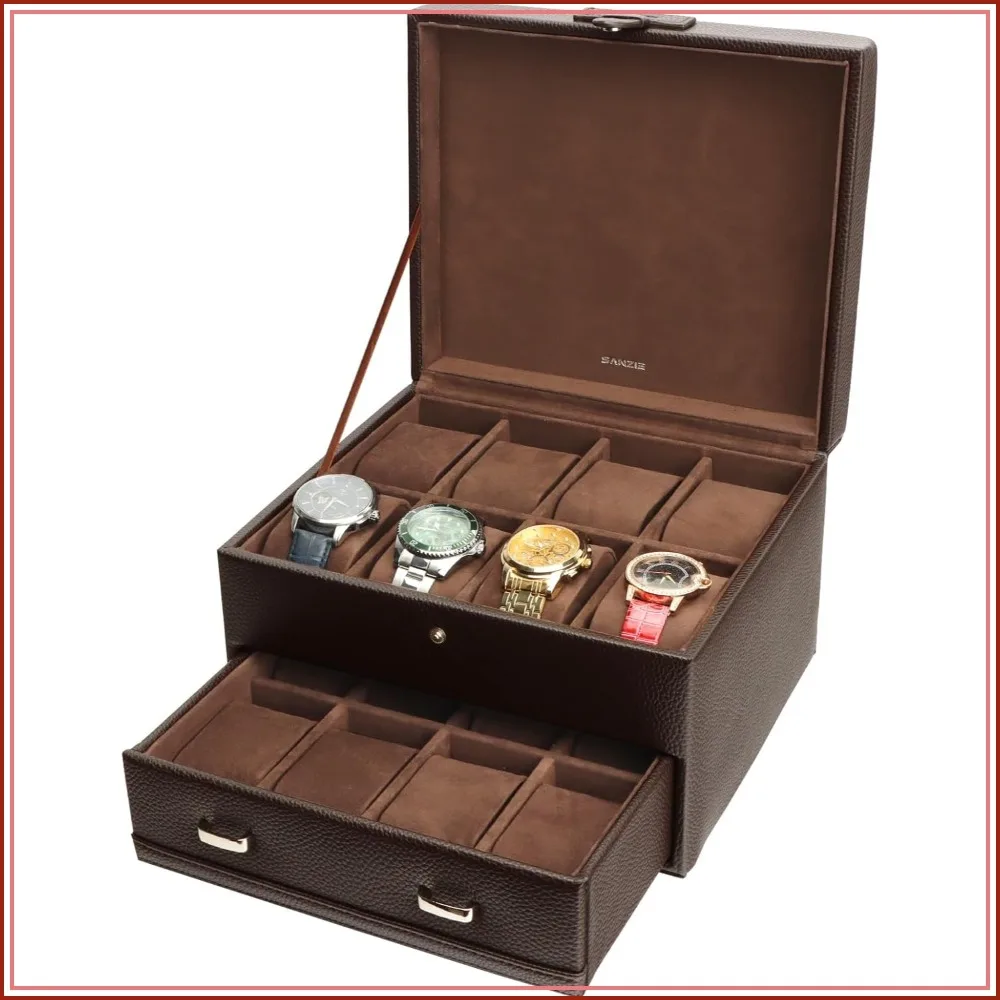16-Slot Watch Box for Men, Removable Pillows, Leather Case Organizer, Brown