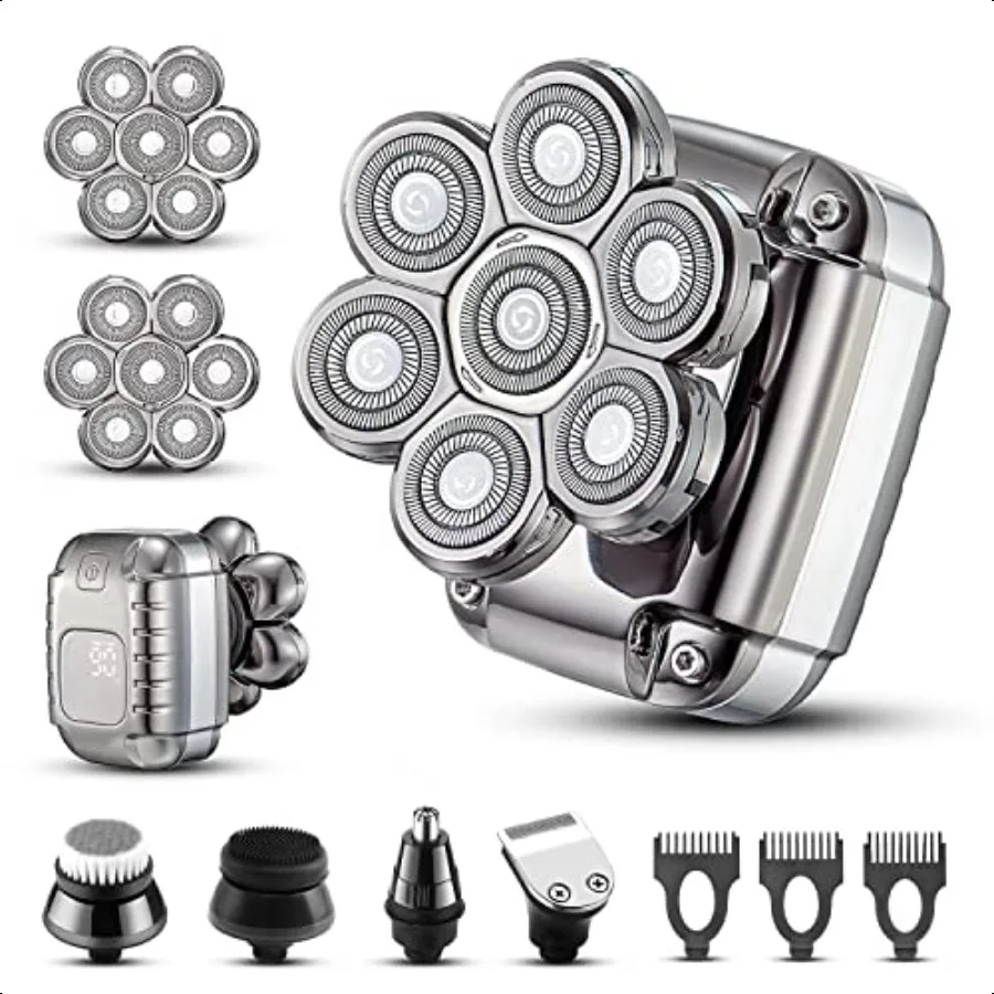 

Bald Shaver for Men Waterproof Electric Rechargeable AntiPinch WetDry Rotary Close Razor with Replaceable Grooming Heads