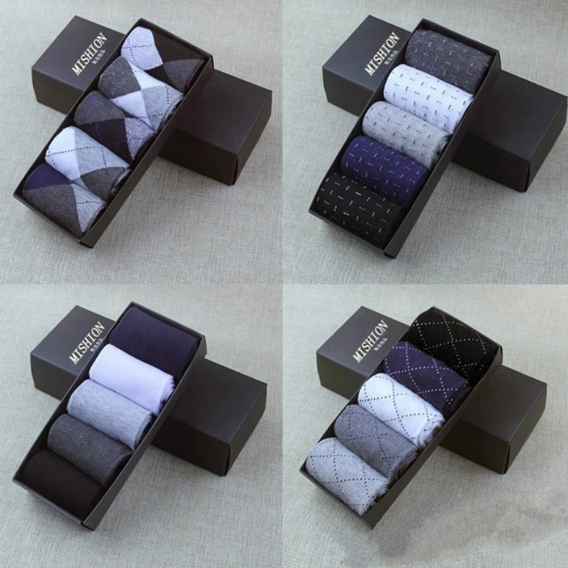 Men's Cotton Socks 5 Pack Spring Autumn Style Mid-Calf Winter Socks Breathable Comfortable Soft Fabric Men's Footwear
