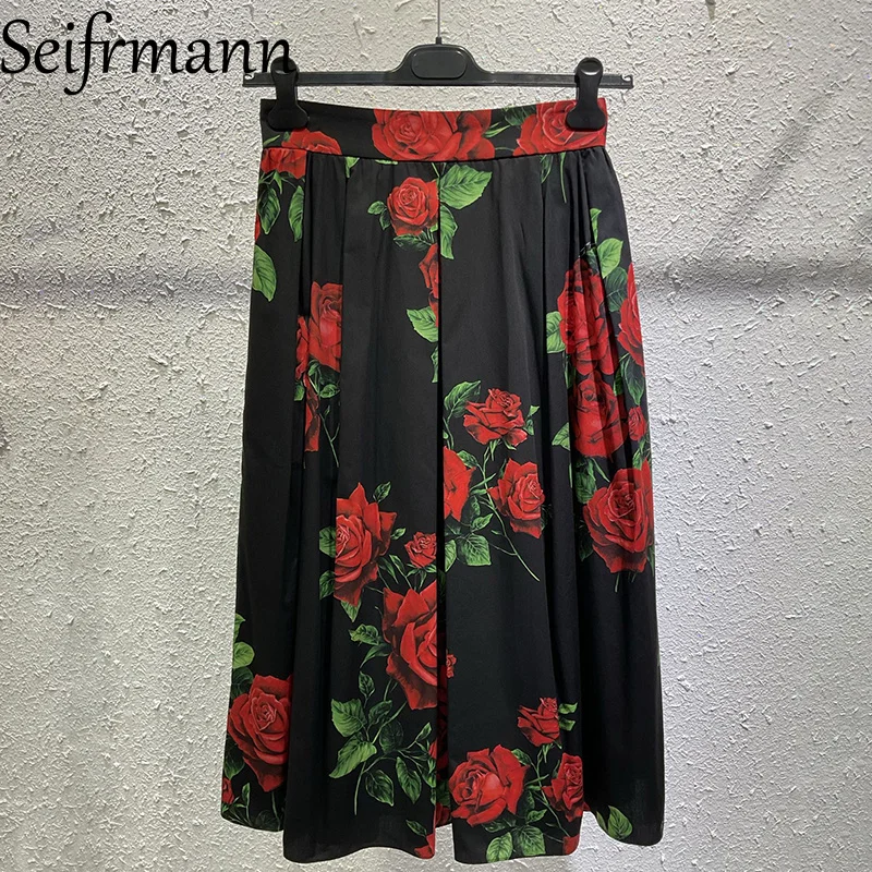 Seifrmann Casual simple printed cotton skirt high waist long skirt 2026 autumn fashion women's new style