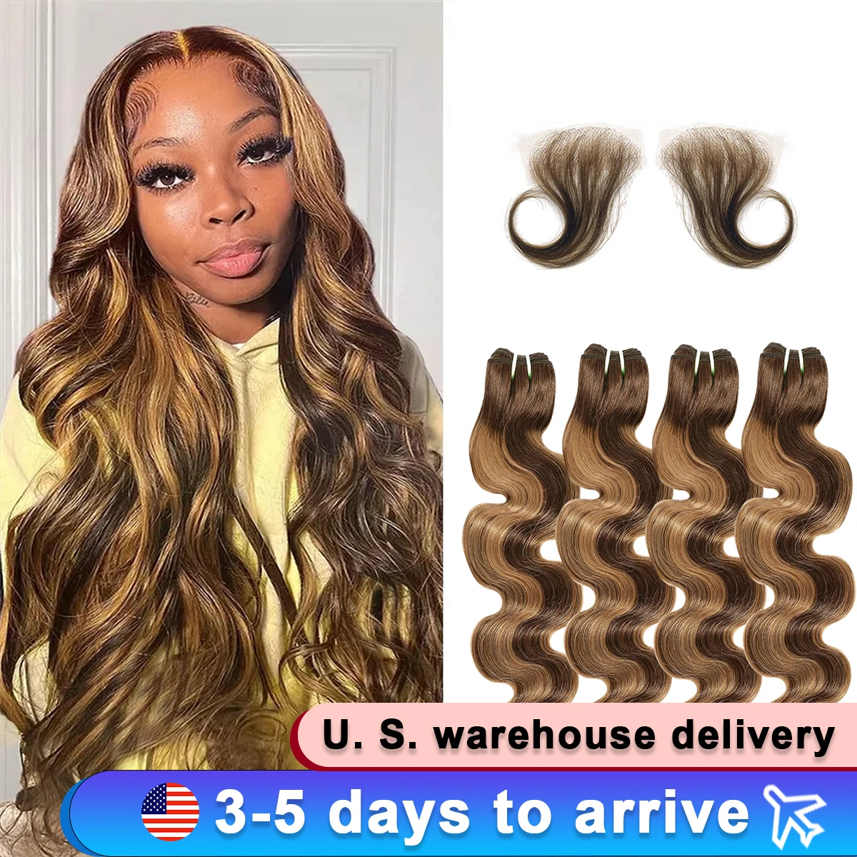 Human Hair Bundles Body Wave 3 4 Bundles 4/27 Honey Brown 100% Unprocessed Human Hair Wavy Doule Drawn Bundles Weave Extensions