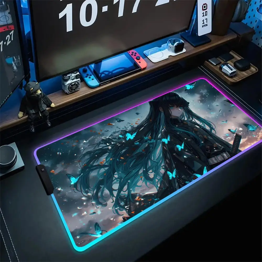 Muichiro Tokito Mouse Anti-slip Expansion Pad Gamer RGB Luminous Desk Mat  Large Desktop Mats High-end E-sports Keyboard Mat