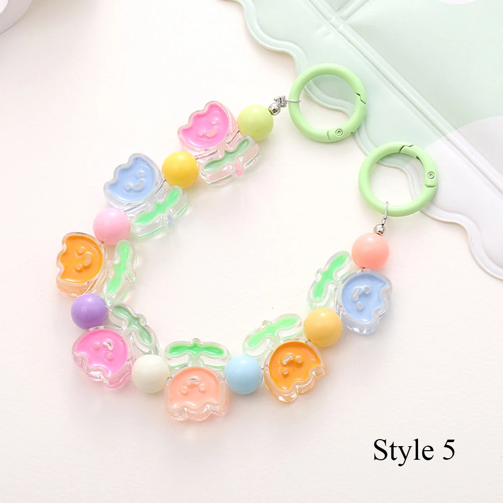 Cute Caroon Bear Beaded Phone Chain Lanyard Colorful Acrylic Pearl Beads Cell Phone Charm Strap Diy Pendant Phone Jewelry