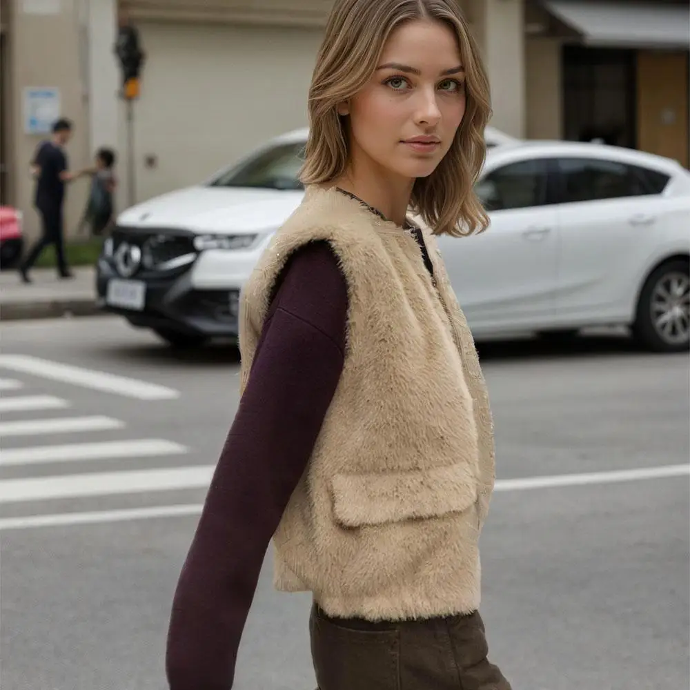 Cross border autumn and winter new fashionable versatile loose round neck versatile fashionable plush vest jacket