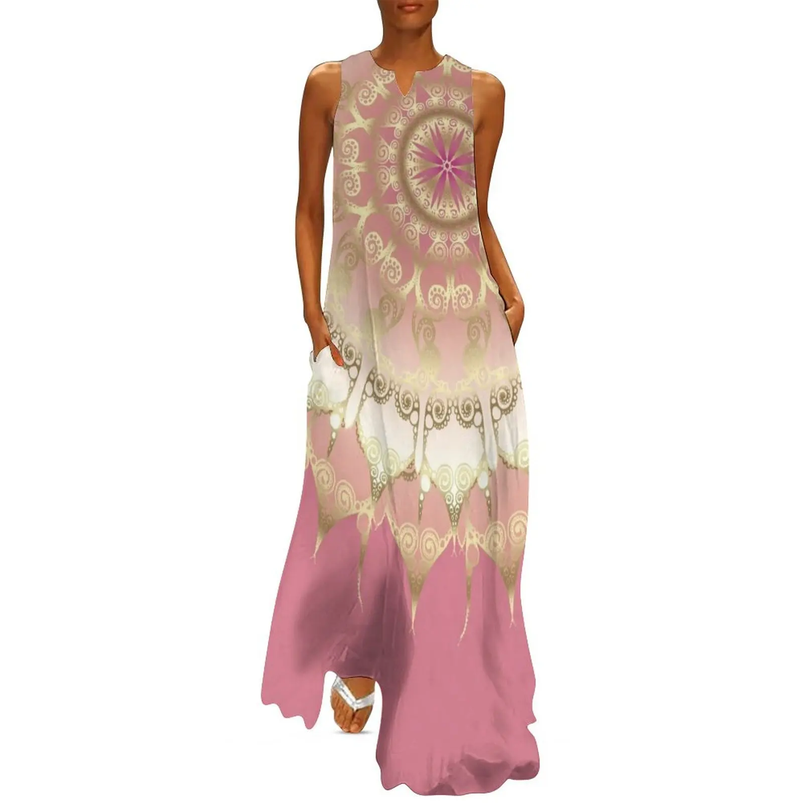 

Delicate Gold Rose Mandala on Rose Pink Long Dress sexy dress for women dress for woman women's summer 2025