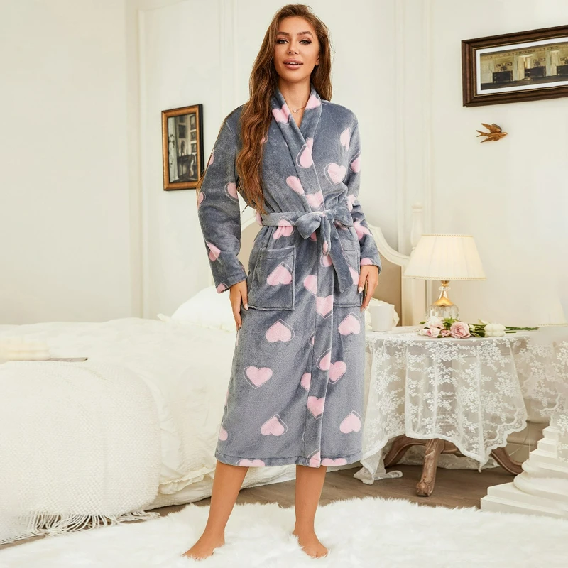 2026 Winter New Fashion Long-sleeved Nightgown Women's Home Wear Cross-border Flannel Nightgown Striped Checkered Pajamas Warm