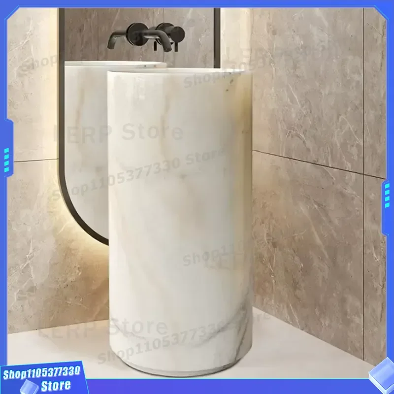 Modern White Polished Marble Column Sink With Round Basin Luxury Waterproof Washbasin Easy To Clean Bathroom Vanity Unit