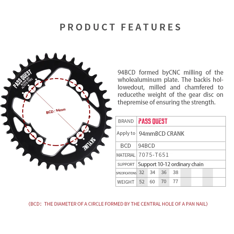 PASS QUEST 94BCD Chainring MTB Narrow Wide 32T/34T/36T/38T Mountain Bike Bicycle Chainwheel forSram NX X1 orGX1400 Crankset Disc