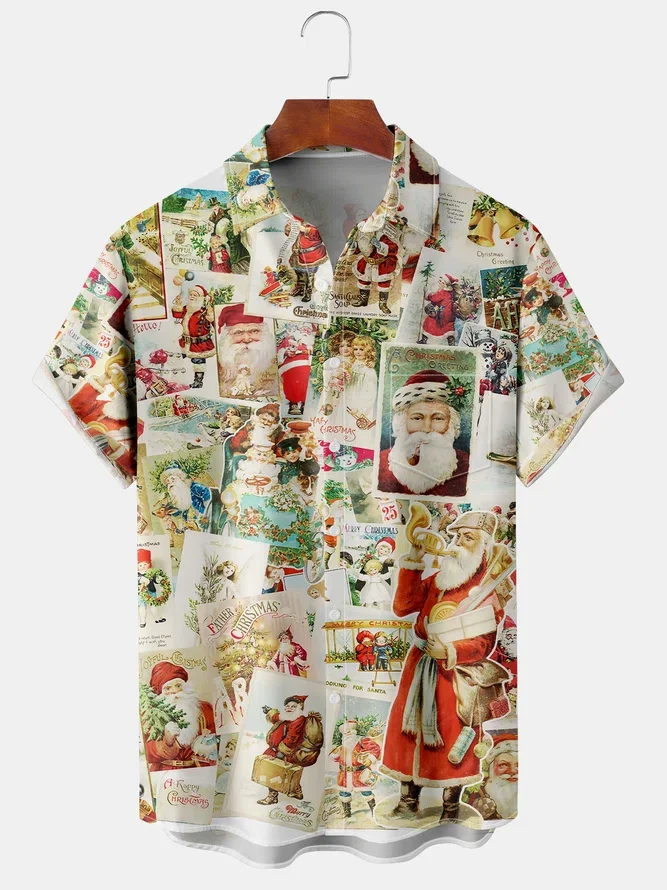 

Men Christmas Elements Santa Postcard Shirt Festival Feeling Shirt Short Sleeve Summer Casual Button Up Tops