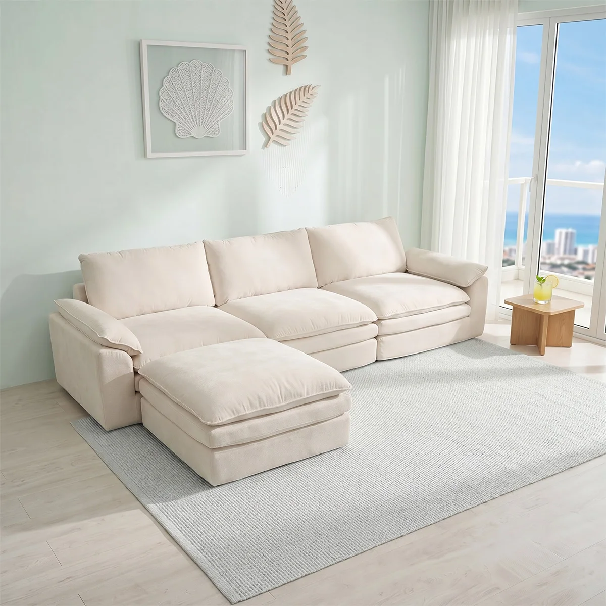 Summer Fresh Cream Style Modular Block Sofa, No Assembly Required, Deep Seat Cloud Sofa for Family Theater Room, Breathable Skin-friendly Fabric Chaise Lounge, Detachable Washable Lazy Cloud Couch for Large Living Room, Multi-functional Furniture for Apar