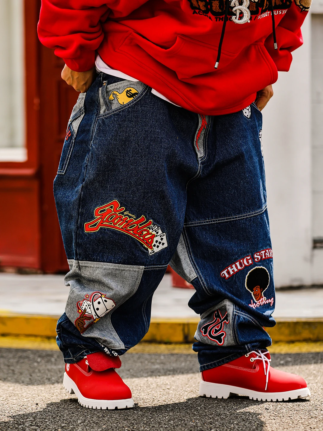 ACUSA Heavyweight Streetwear Embroidered Patch Printed Multi-Process Jeans Large Size Loose Fit Youthful Hip Hop Style
