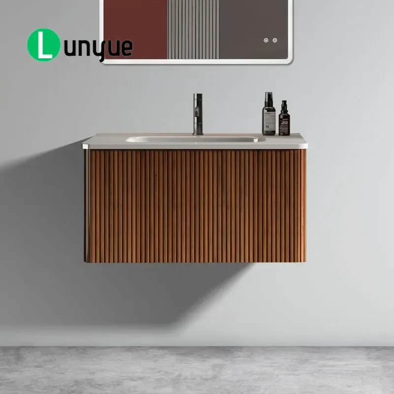 Custom Luxury Modern Melamine Wall Mounted Floating Bathroom Vanity with Ceramic Sink 30 Inch Striped White for Home Decor