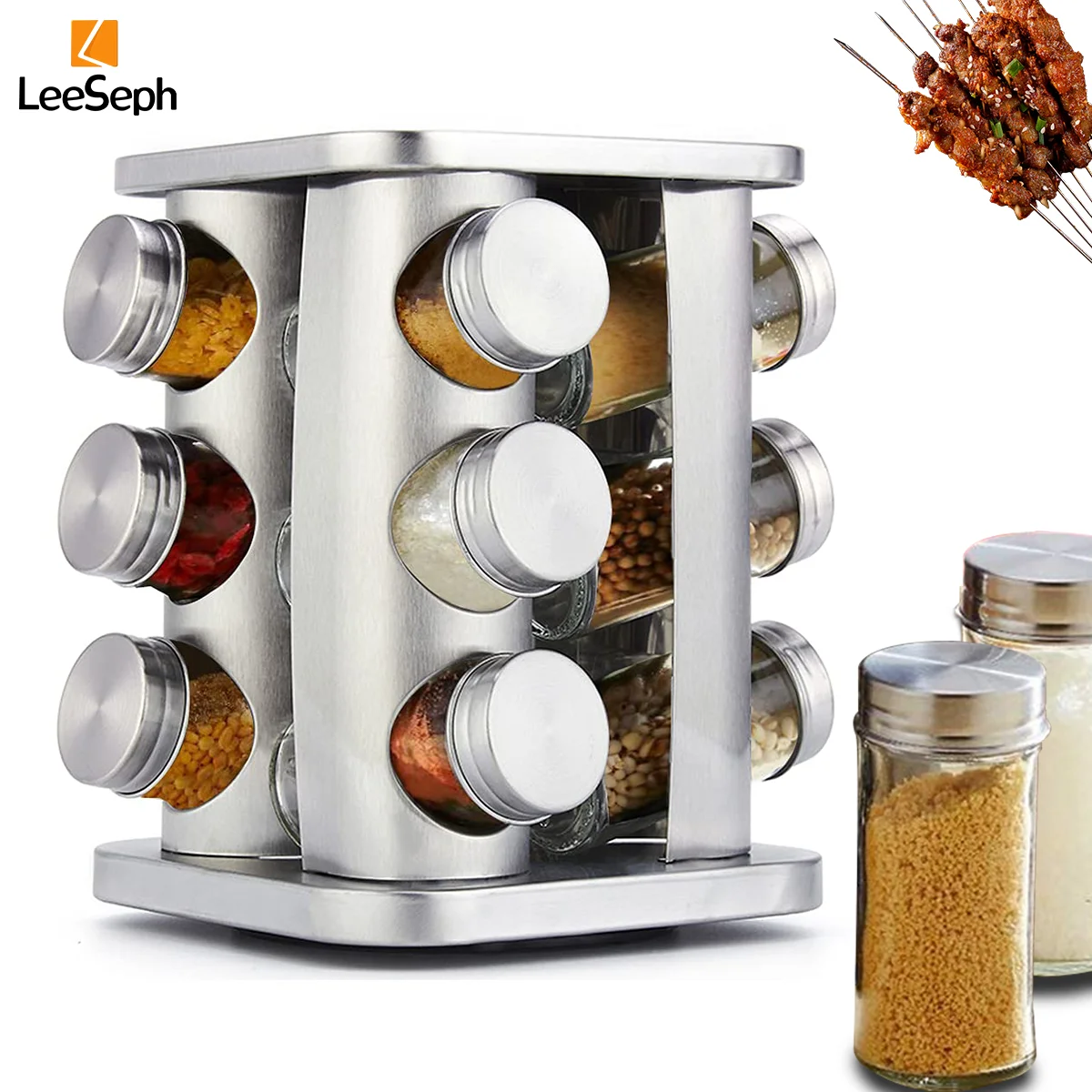 Rotating Spice Rack Organizer with 12 Glass Bottles, Stainless Steel Rotating Seasoning Storage Organizer, Countertop Spice Rack