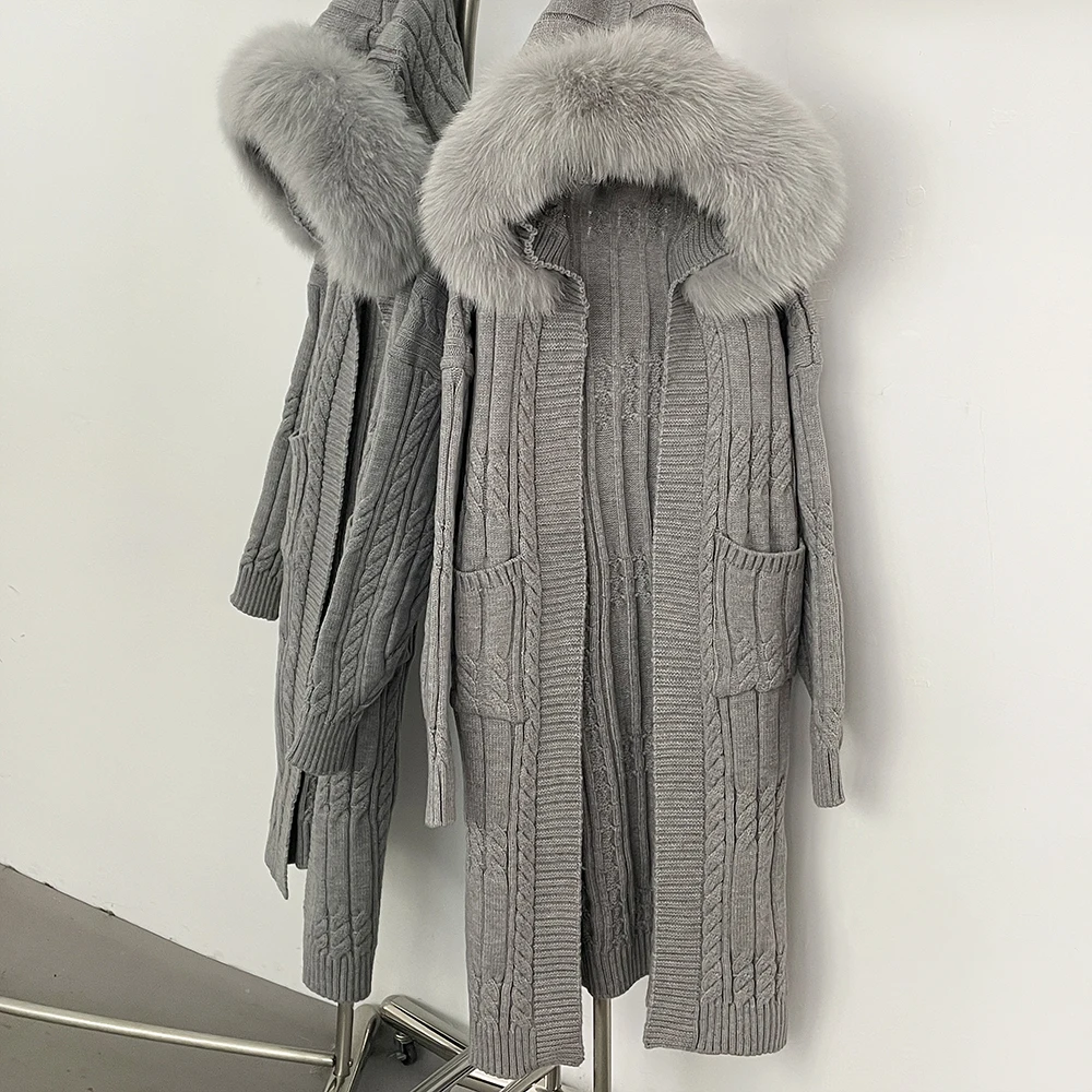 

Reality Fur Coat Women Knitwear Long Sweater Hooded New Spring Autumn Fox Fur Knitted Cardigan Thick Real Fur Knitwear Oversized