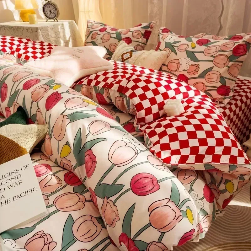 Floral Bedding Set Kawaii Rabbit Duvet Cover Flat Sheet Pillowcase Soft Bed Linens Single Full Dormitory Bedroom Home Textile