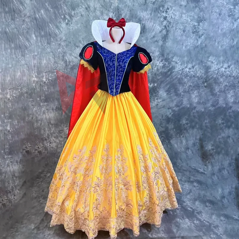 

New Snow Princess Dress Cosplay Costume Blue Tops Yellow Skirt Cloak Headband For Game Party Halloween Custom Made