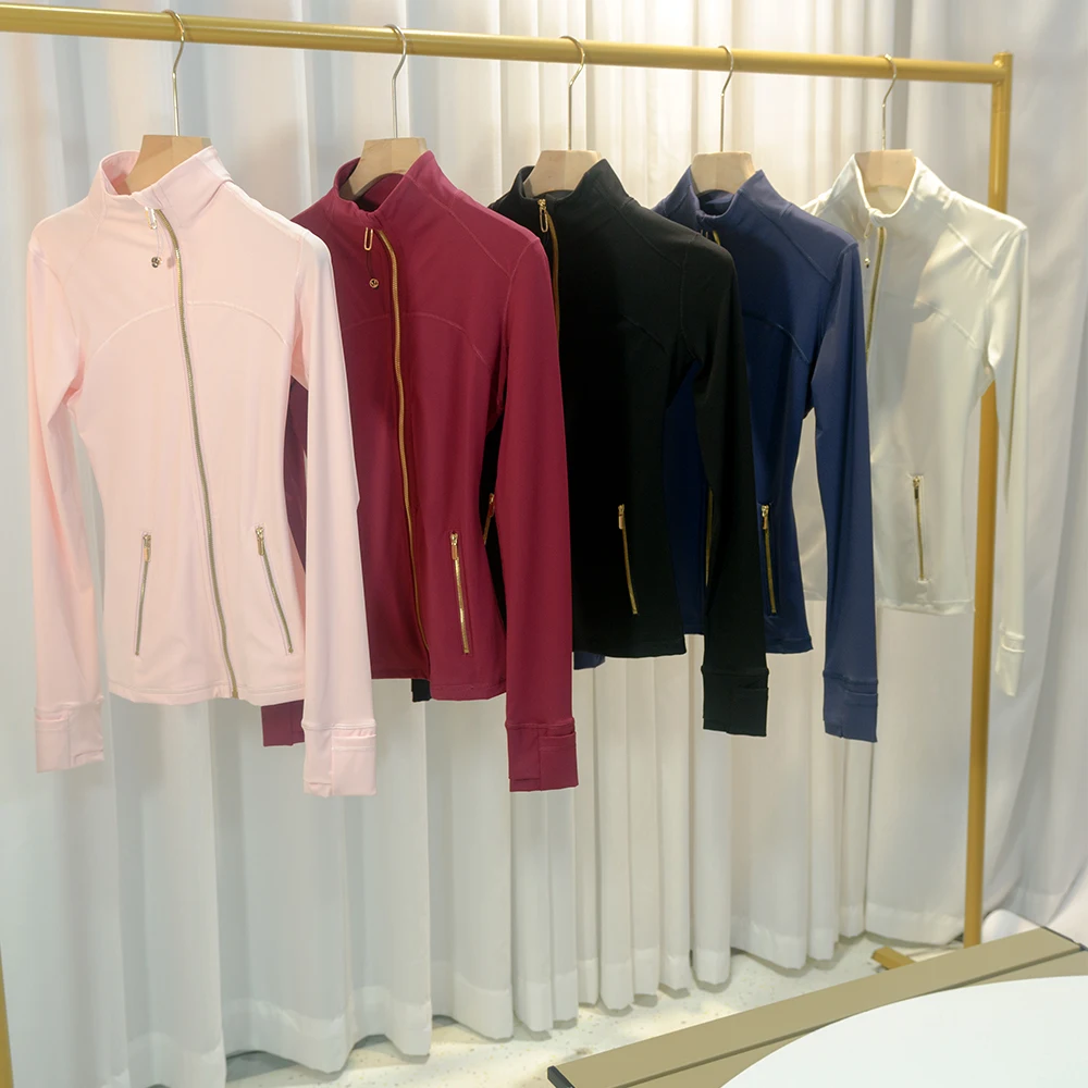 New style stand collar gold zipper high elasticity outdoor running long-sleeved yoga wear sports jacket jacket female