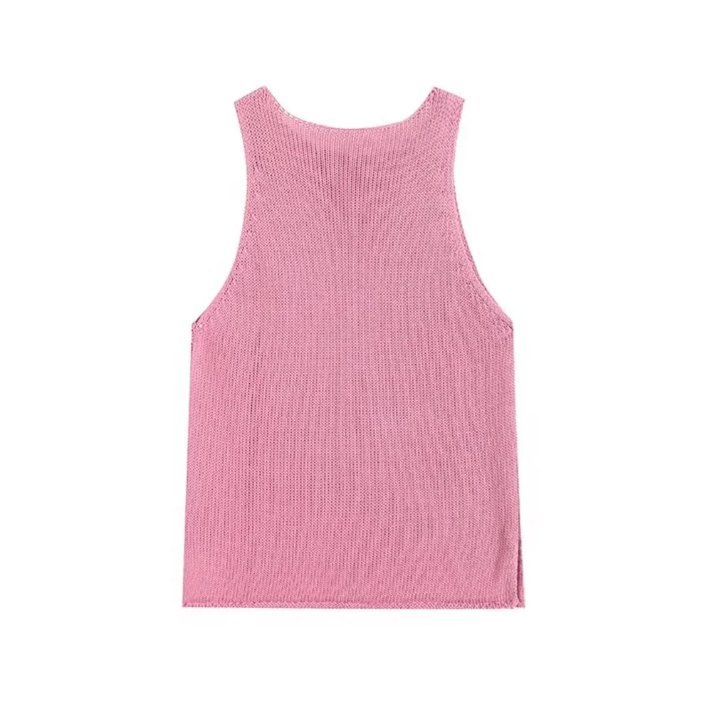 PB&ZA2024 Summer New Women\'s Fashion and Elegance Casual Round Neck Knitted Tank Top Sleeveless T-shirt