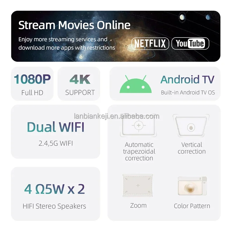 Proyektor Android Full HD AUN AKEY9S 2+64 Profesional 1080P 4k Film Fokus Otomatis WIFI Ponsel Home Cinema Theater Bluetooth