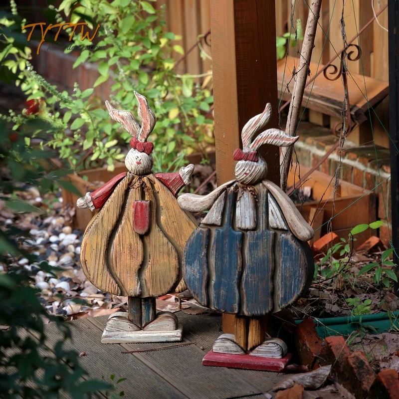 Rustic Wooden Rabbit Couple Decorative Figurines Garden Decoration Courtyard Floor Standing Half Handmade American Style Home...