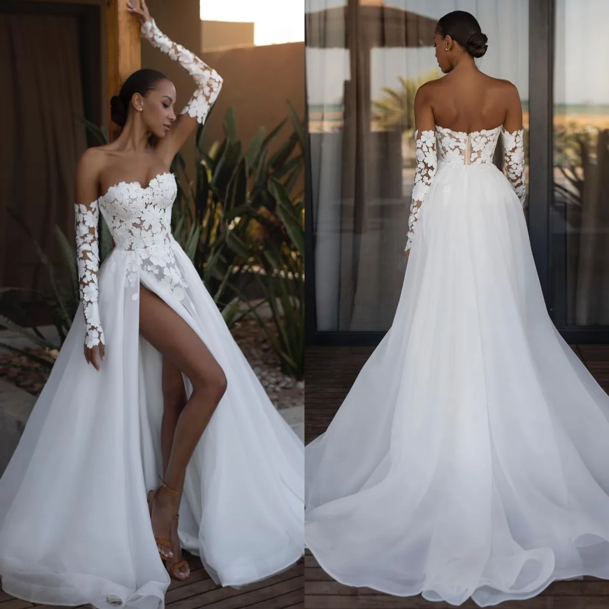 

White Floral Lace Wedding Dresses with Detachable Sleeves Tulle Maxi Gown With High Slit Second Reception Gown