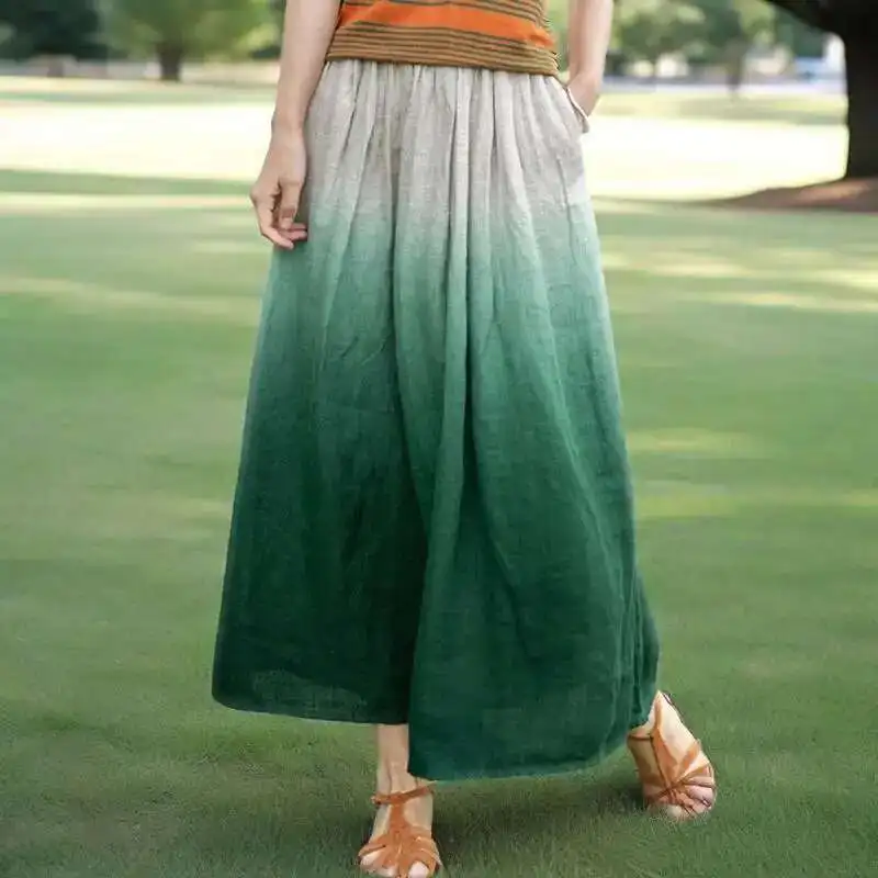 Chic Tide Beautiful Loose All-match Gradient Women A-line Skirt Elastic Waist Pocket Green Half Skirts  Summer