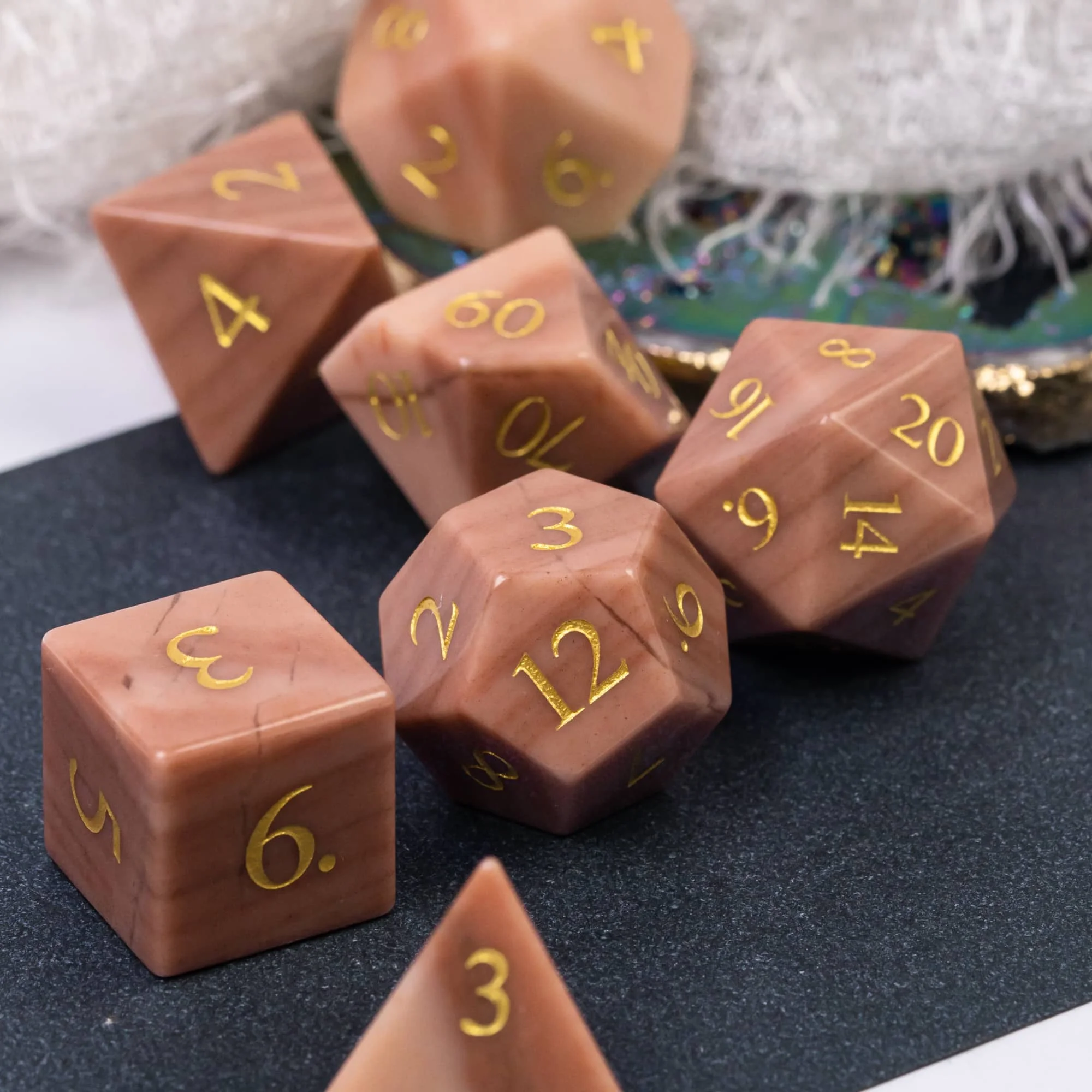 Cusdie 16mm Stone DND Dices 7Pcs Sunglow D&D Dice Handmade Gemstone Polyhedral Dice Set with Leather Box for RPG Collection