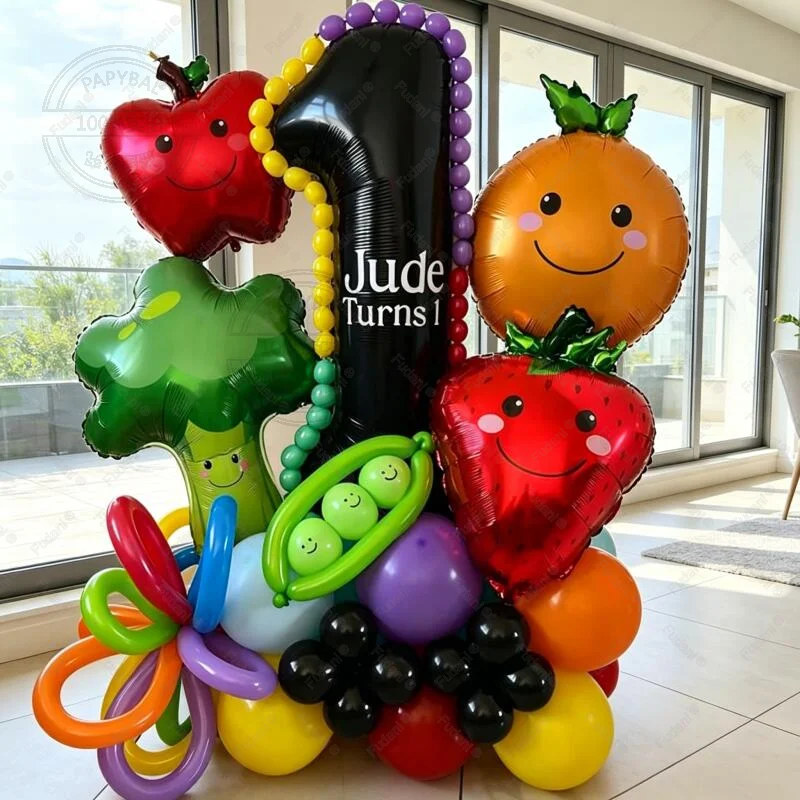 44pcs Smiling Orange Strawberry Balloon 32 Inch Black Number 1-9 Birthday Balloon Set Vegetable and Fruit Theme Party Decoration