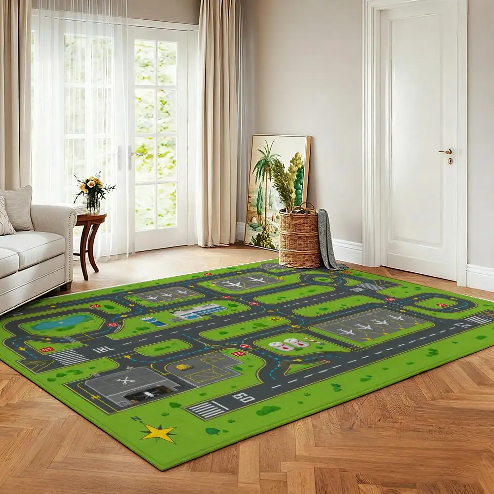 Airport Runway Aviation Play Map Graphic Design Floor Mat Soft Flannel Non Slip Absorbent Entryway Bathroom Bedroom Garage