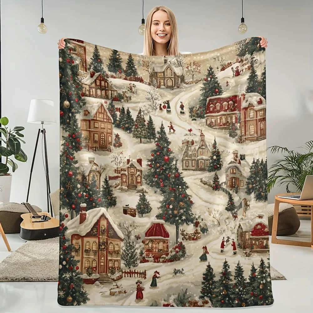 Christmas Snowy Village Decke – weicher, warmer Plüsch |   Ganzjahres-Überwurf für Schlafsofa, Reisen, Camping, Urlaubsdekoration
