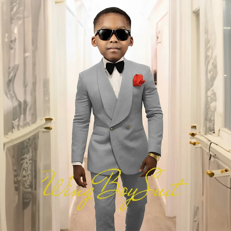 White Boys Wedding Tuxedo Kids Suit 2 Pieces Double Breasted Jacket Pants Floral Pattern Custom Clothes