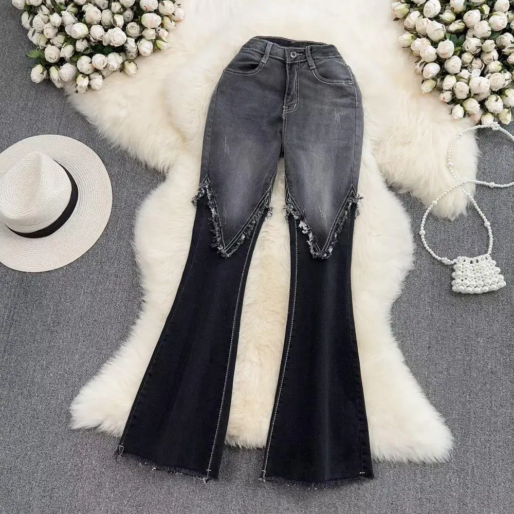 Splicing color fashion temperament flared pants jeans women's high waist slim-fitting elastic slightly pulled pants long pants