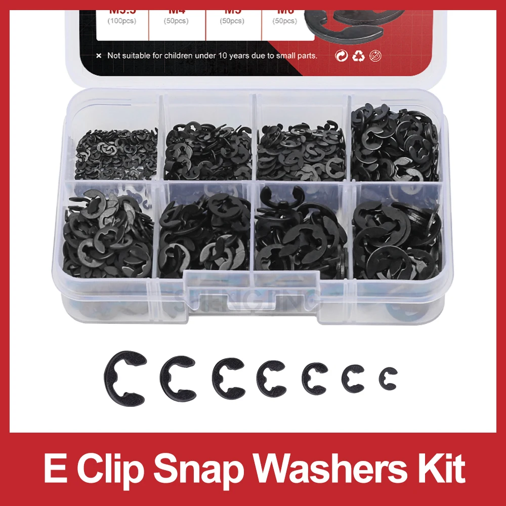 

SJ 650 Pcs E Clip Snap Washers Assortment Kit M1.2-M6 304 Stainless GB896 Black Carbon Steel Circlip Shaft Washers Set Tool Box