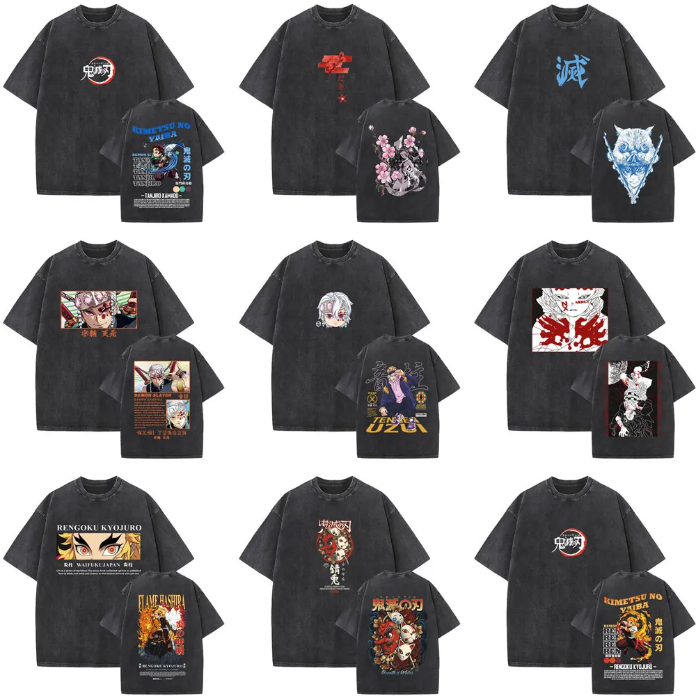 

Anime Demon Slayer Washed Vintage T-shirt Men Women Fashion Japanese Style T-shirts Men's Cartoon Manga Oversized T Shirts Tops