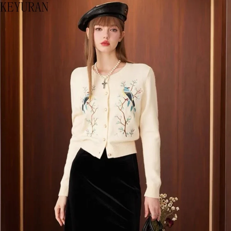 2024 Spring Autumn Flower Bird Embroidery Knitted Cardigan Women Vintage O-Neck Long Sleeve Sweater Mujer Knitwear Tops Jumper