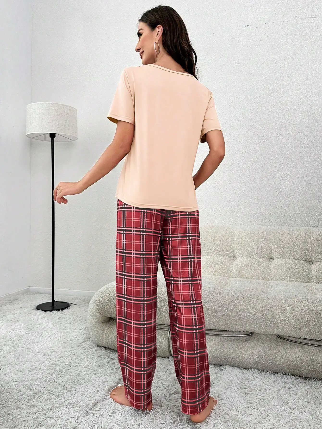 New women\'s pajamas red plaid short-sleeved plaid trousers two-piece elegant casual home outfit