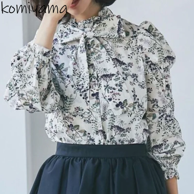 Bandage Bow Shirts Blouses Japanese Elegant Floral Print Blusas Mujer Bubble Long Sleeve Camisas Spring 2024 New Shirt Tops