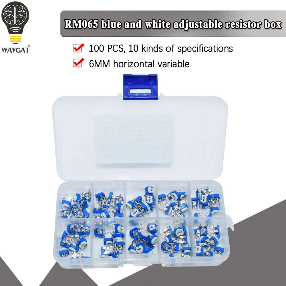 100Pcs/Box RM065 Carbon Film Horizontal Trimpot Potentiometer Assortment Kit 10 Values Variable Resistor 500R - 1M
