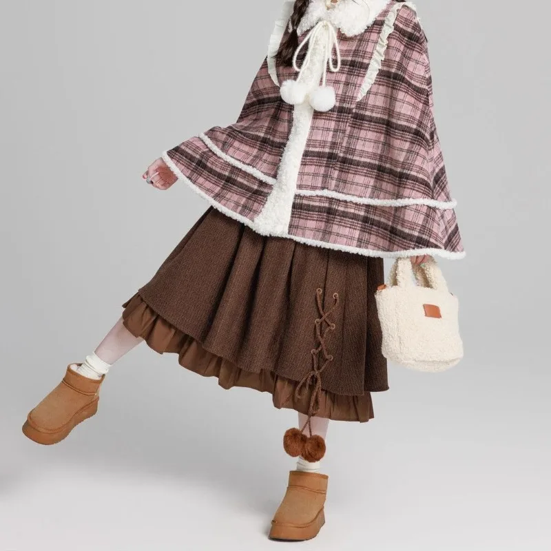 Vintage Y2K Loose College Style Brown Plaid Skirts Women Autumn Winter Sweet Kawaii Mori Girl Style High Waist Gothic Long Skirt