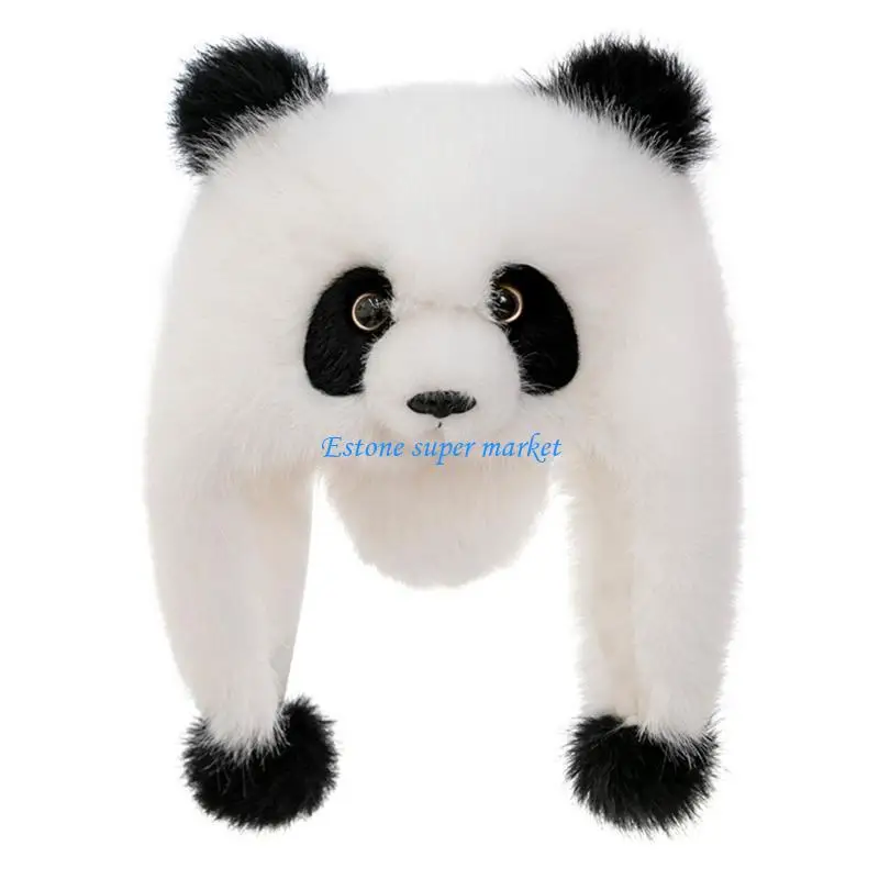 

090B Plush Panda Hat Cartoon Animal Bonnet Caps Cold Resistant Headwear with Earflap Comfortable Thickened Designing