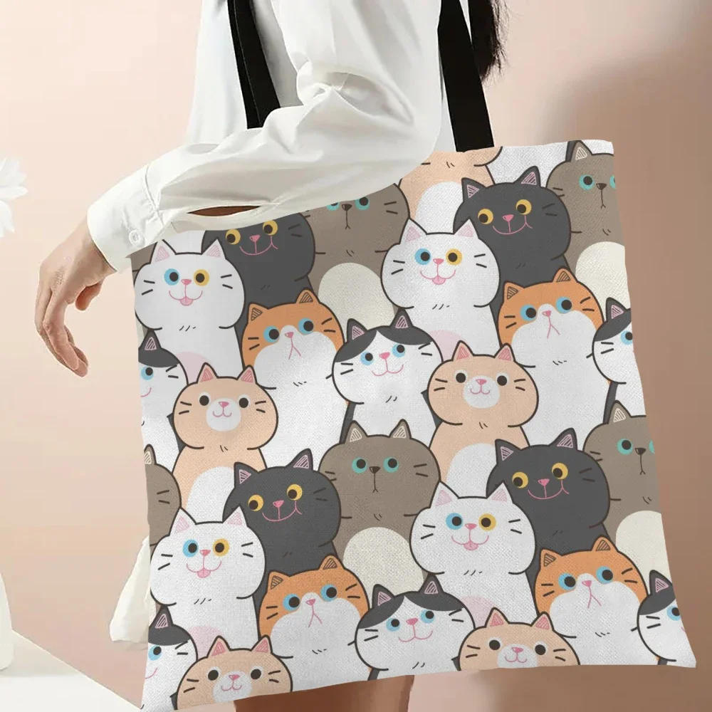 

Сумка из льняной ткани для женщин, мода 2025 года, милые сумки-тоут с несколькими кошками, женские сумки-шопперы с героями мультфильмов