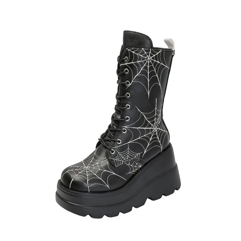 Botas de lujo para mujer, cómodas botas cortas grandes europeas y americanas con tacón inclinado y parte inferior gruesa, tela de araña, Otoño/Invierno, 2026
