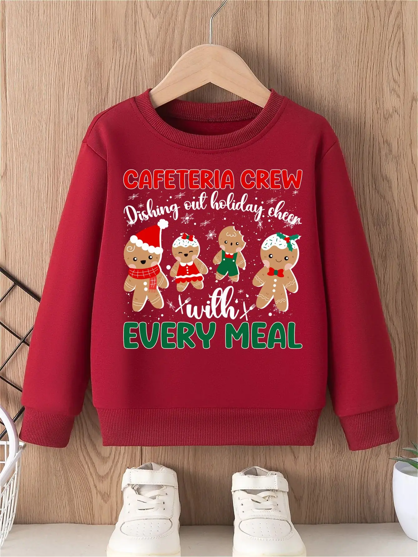 

Christmas Girls' Hoodless Sweatshirt Christmas Festive Graphic of Cafeteria Crew Dishing Out Holiday Cheer Winking Santa Hat top