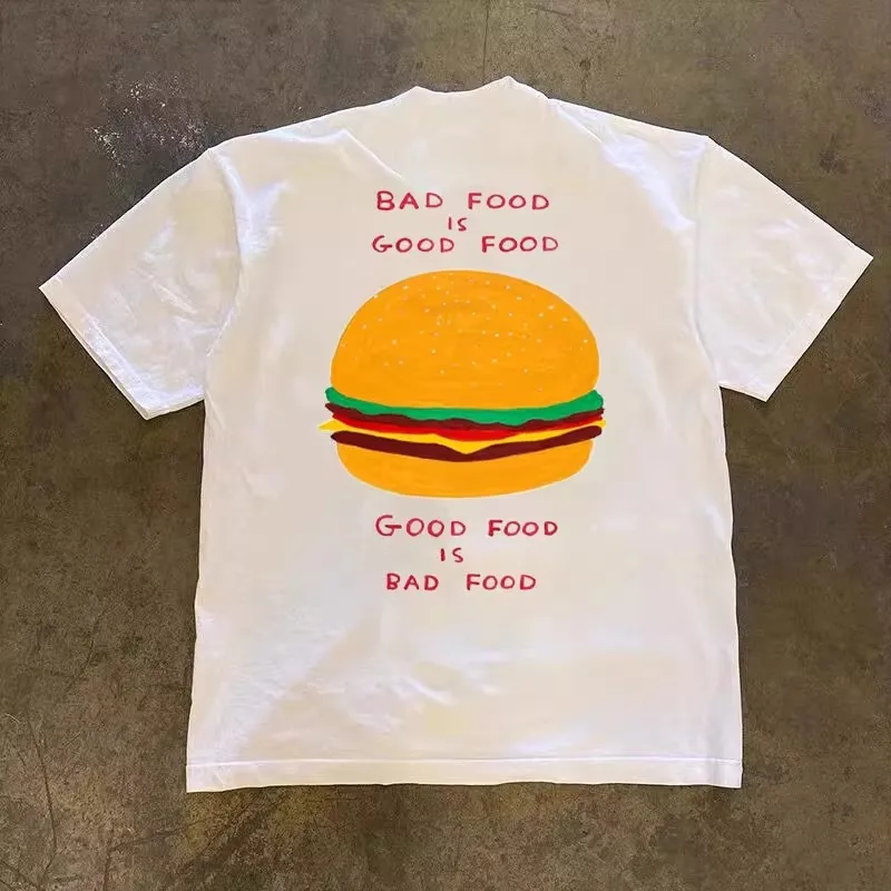 Xiao Chen Story Multi 260g Heavyweight Pure Cotton Hamburg Burger Creative Print Ins Classic Design Short Sleeve T-Shirt