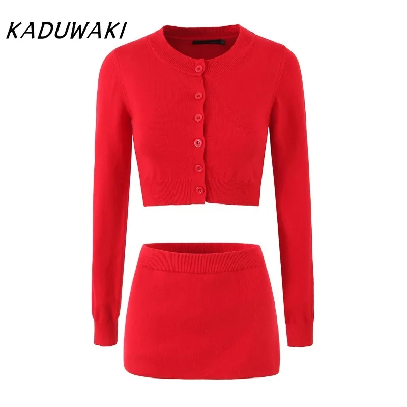 

KADUWAK American Style Single-breasted Short Section Knitted Cardigan Sweater Package Hip A Word Short Skirt Christmas Party Set
