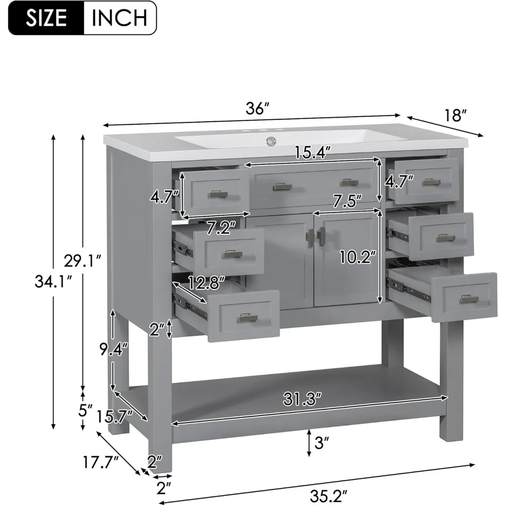 Bathroom Vanity with Single Sink Combo, Modern Bathroom Sink Cabinet with 2 Soft Closing Doors & 6 Drawers & Opening Shelf